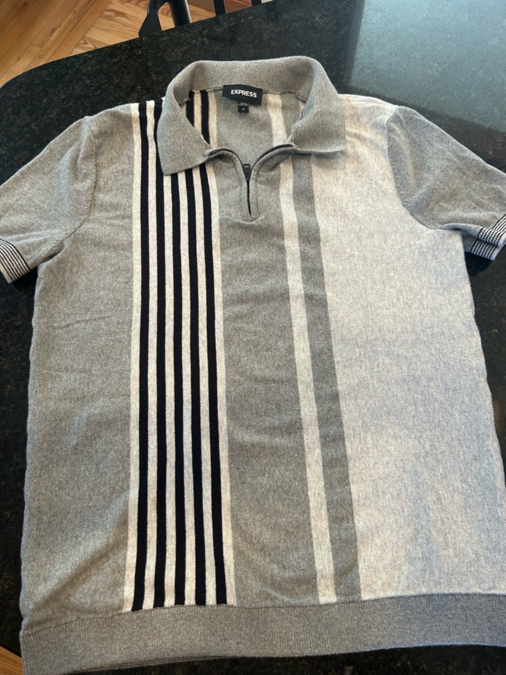 Express Men’s Gray Striped Zip-Neck Polo